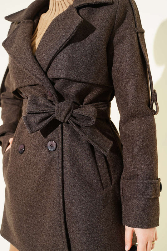 Short Cashmere Coat with Sleeve Epaulets, Dark Brown