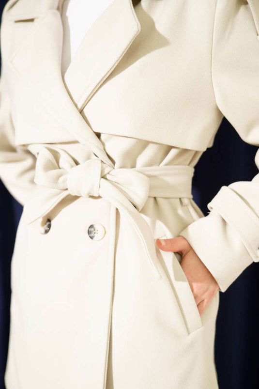 Beige Short Cashmere Coat with Sleeve Epaulets