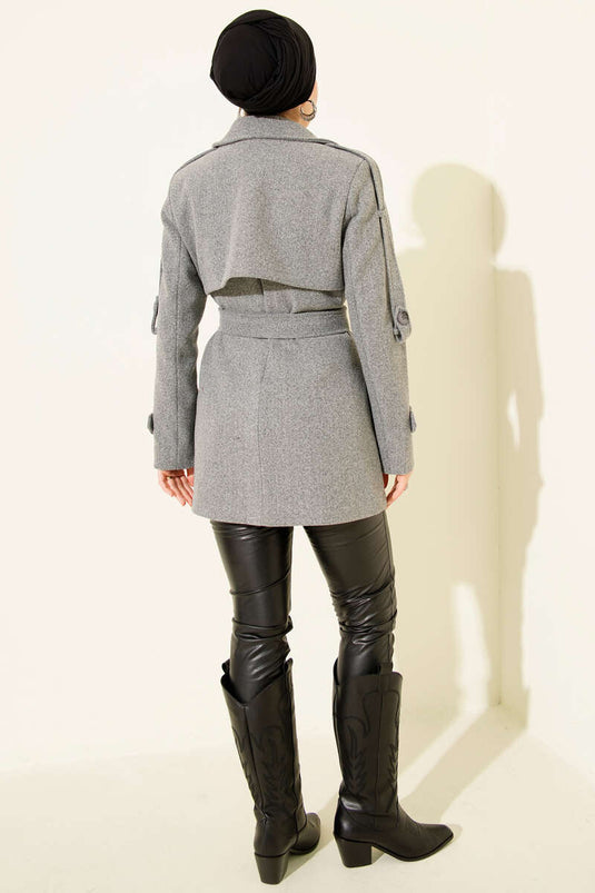 Short, Patchwork Cashmere Coat with Sleeve Epaulets, Smoke Grey