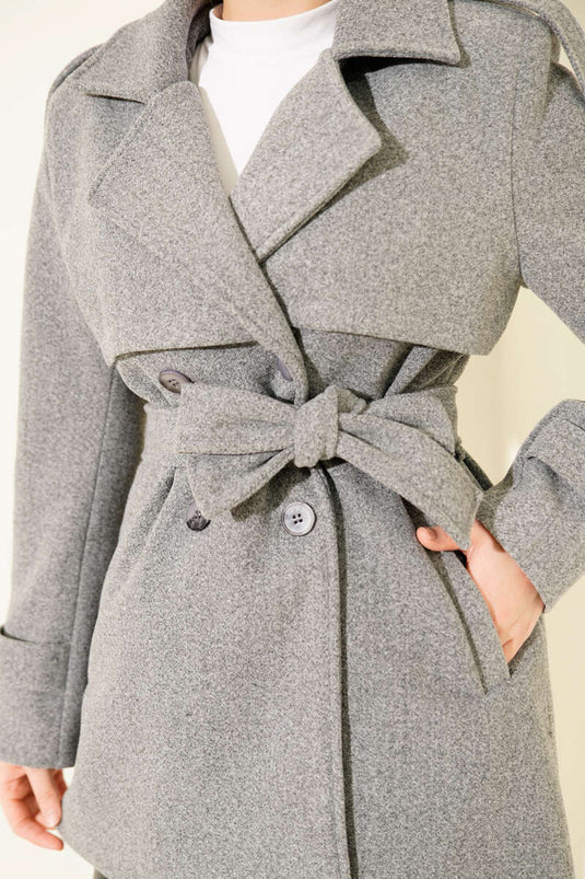 Short, Patchwork Cashmere Coat with Sleeve Epaulets, Smoke Grey