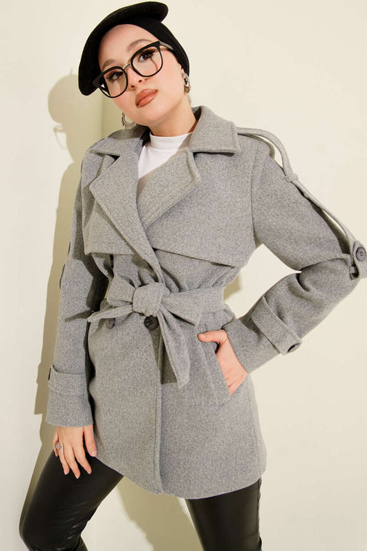 Short, Patchwork Cashmere Coat with Sleeve Epaulets, Grey