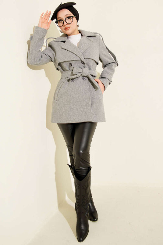 Short, Patchwork Cashmere Coat with Sleeve Epaulets, Grey