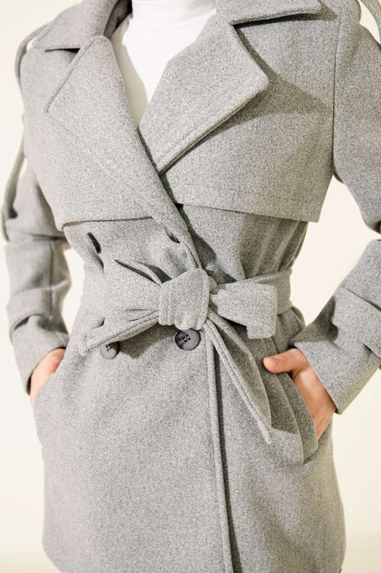 Short, Patchwork Cashmere Coat with Sleeve Epaulets, Grey