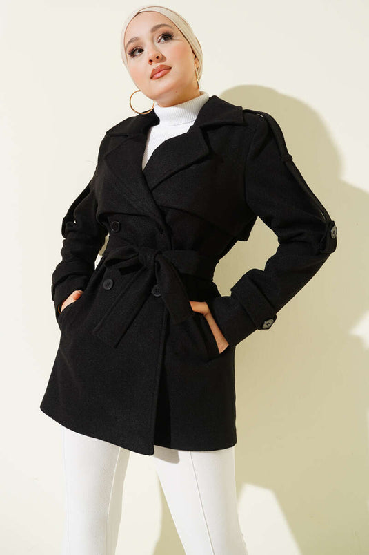 Black Short Cashmere Coat with Sleeve Epaulets