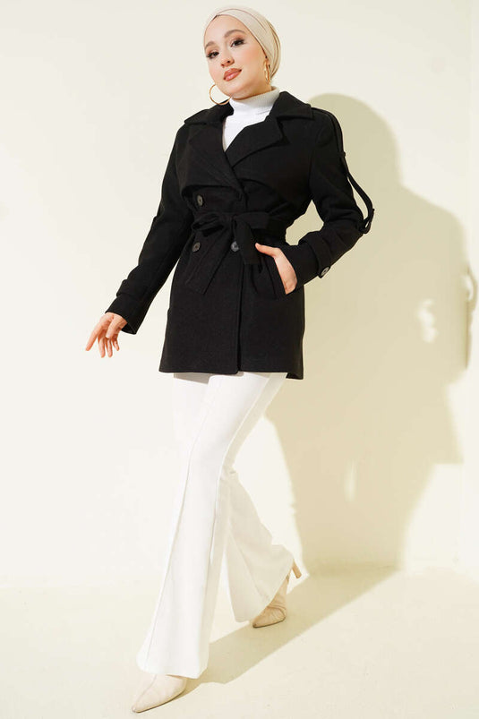 Black Short Cashmere Coat with Sleeve Epaulets