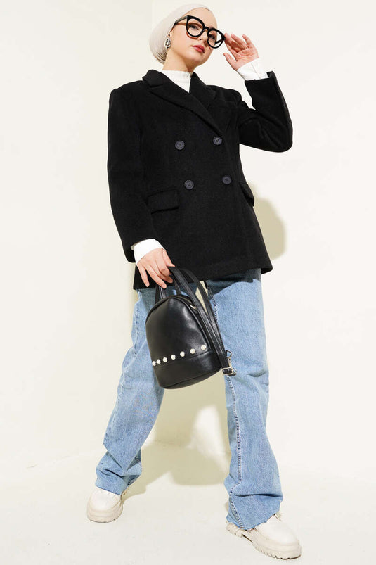 Manteau estampé avec broderie à manches noir