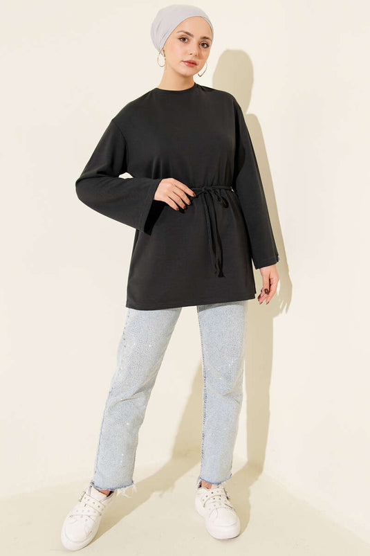 Sleeve Emblem Loisha Tunic with Drawstring Belt, Anthracite