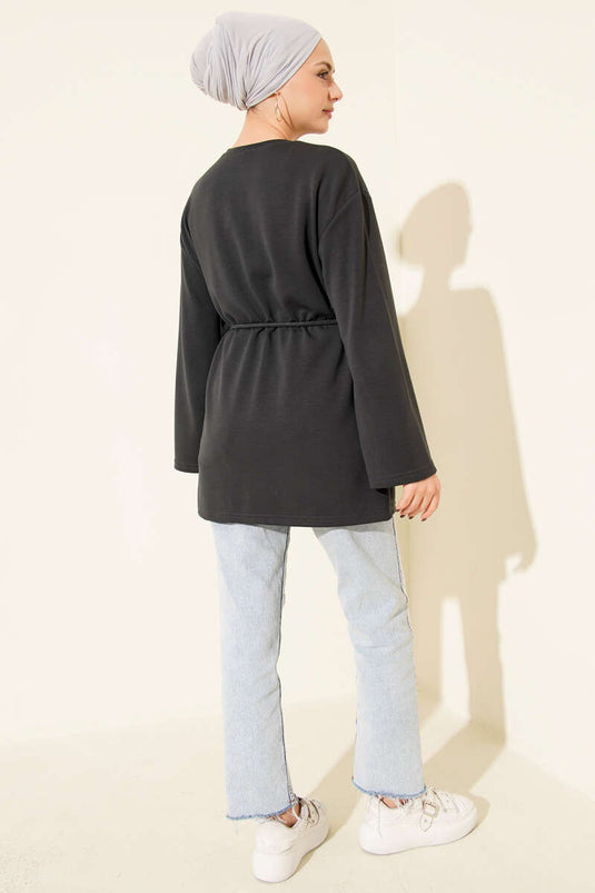 Sleeve Emblem Loisha Tunic with Drawstring Belt, Anthracite