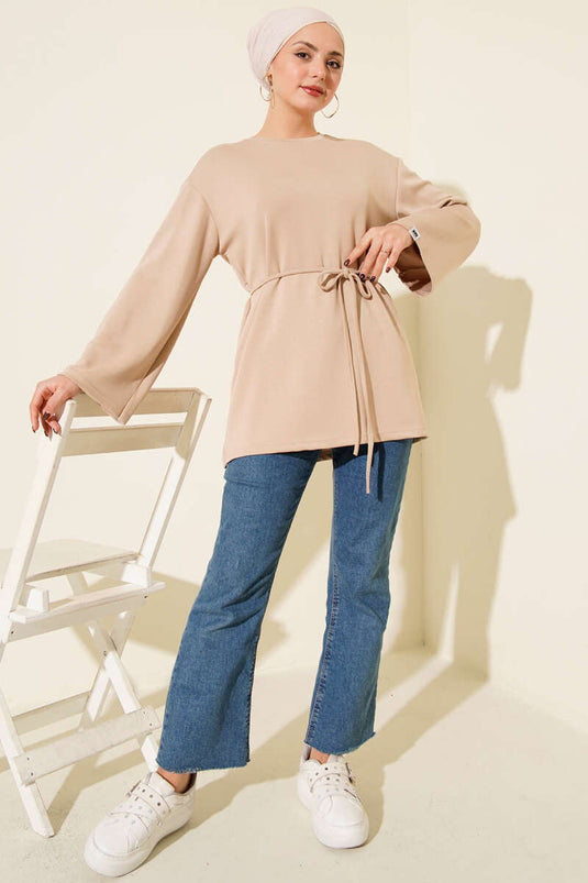 Sleeve Emblem Loisha Tunic with Rope Belt, Beige