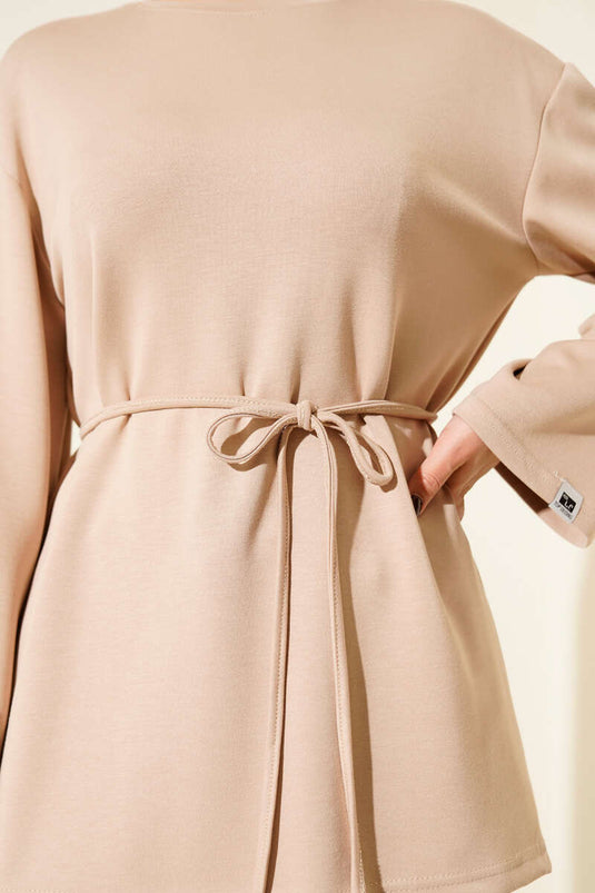 Sleeve Emblem Loisha Tunic with Rope Belt, Beige