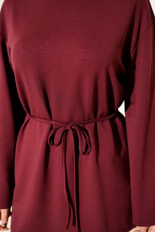 Sleeve Emblem Loisha Tunic with Drawstring Belt, Burgundy