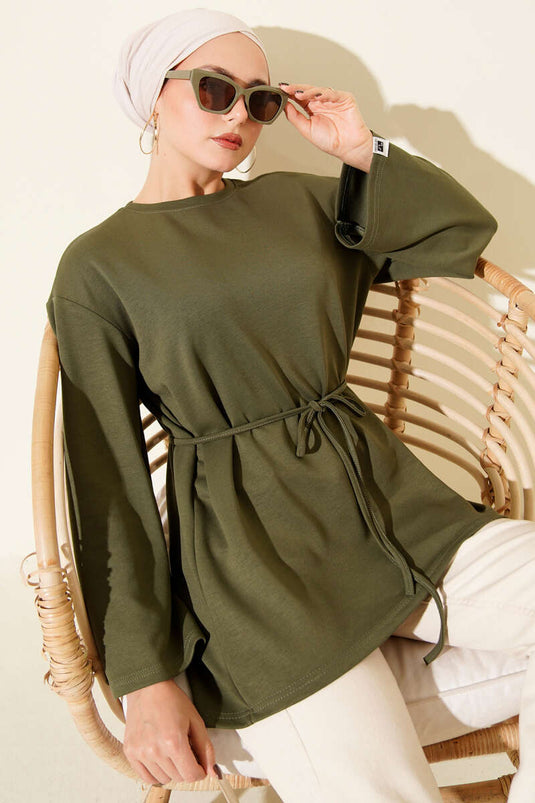 Sleeve Emblem Loisha Tunic with Rope Belt, Khaki