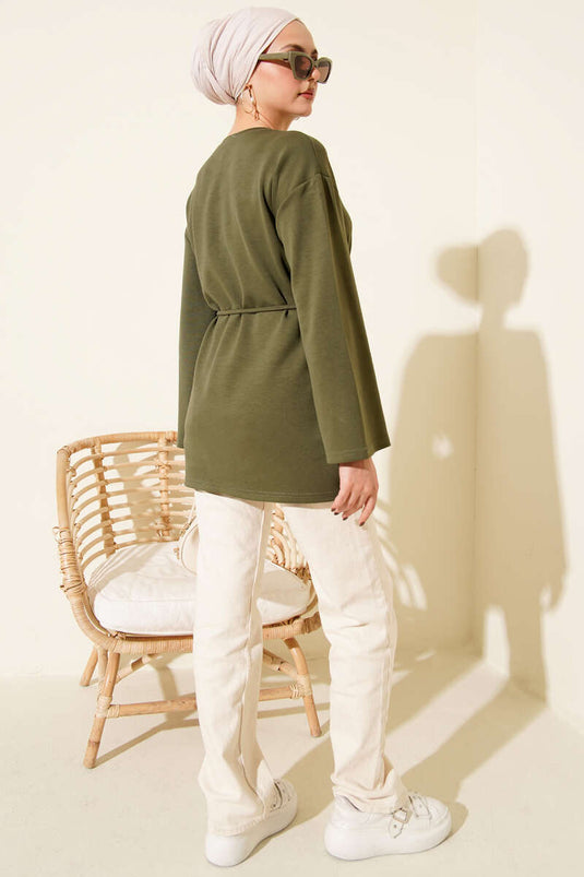 Sleeve Emblem Loisha Tunic with Rope Belt, Khaki