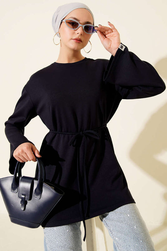 Sleeve Emblem Loisha Tunic with Rope Belt, Navy Blue