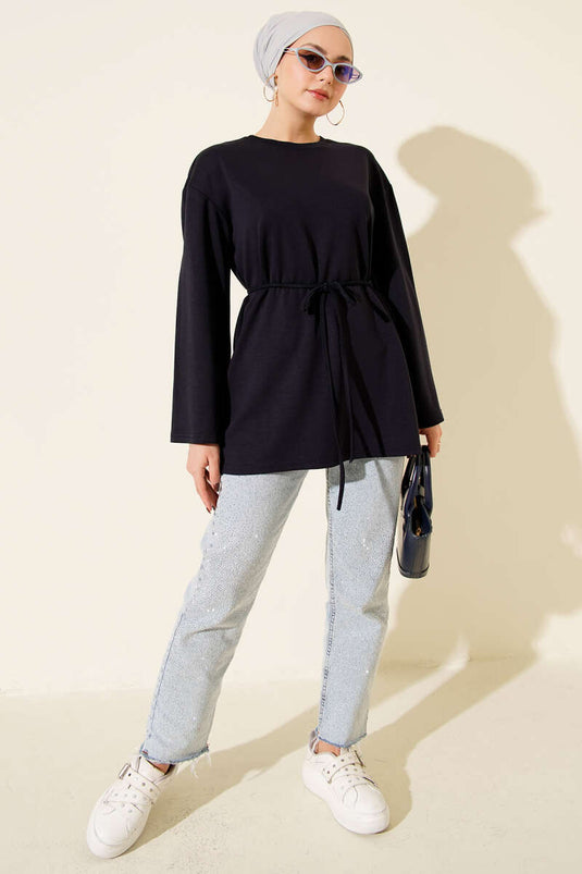 Sleeve Emblem Loisha Tunic with Rope Belt, Navy Blue
