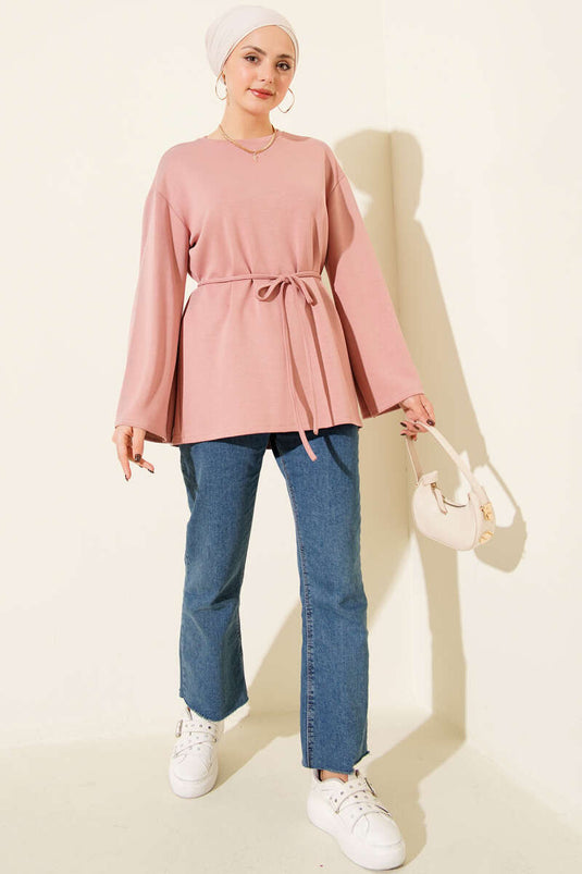 Tunic with Arm Patch, Rope Belt, Powder Pink