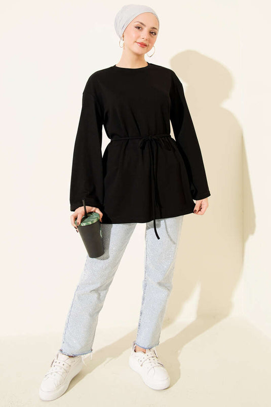 Sleeve Emblem Loisha Tunic with Drawstring Belt, Black