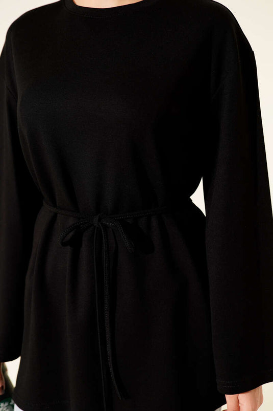 Sleeve Emblem Loisha Tunic with Drawstring Belt, Black