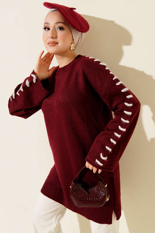 Kol Bağcık Detaylı Triko Tunik Bordo