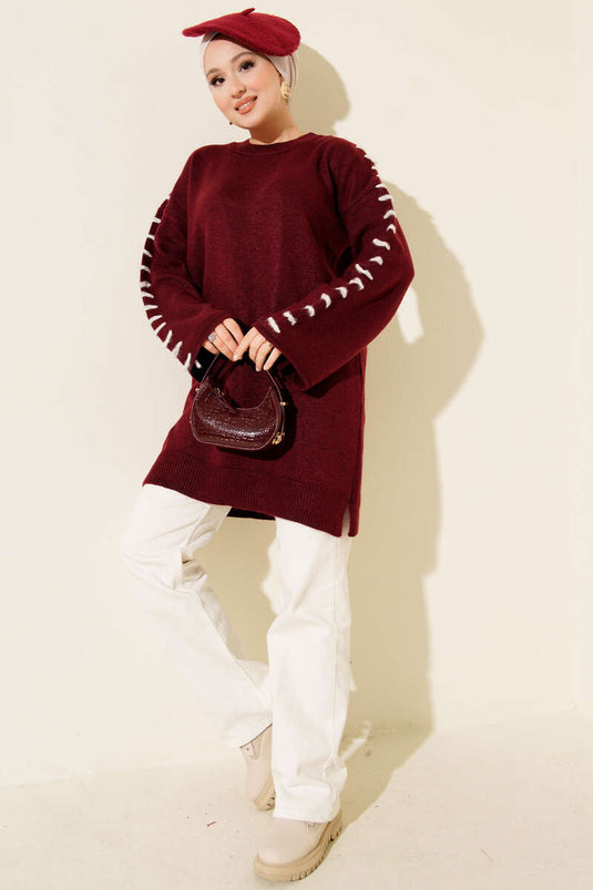 Kol Bağcık Detaylı Triko Tunik Bordo