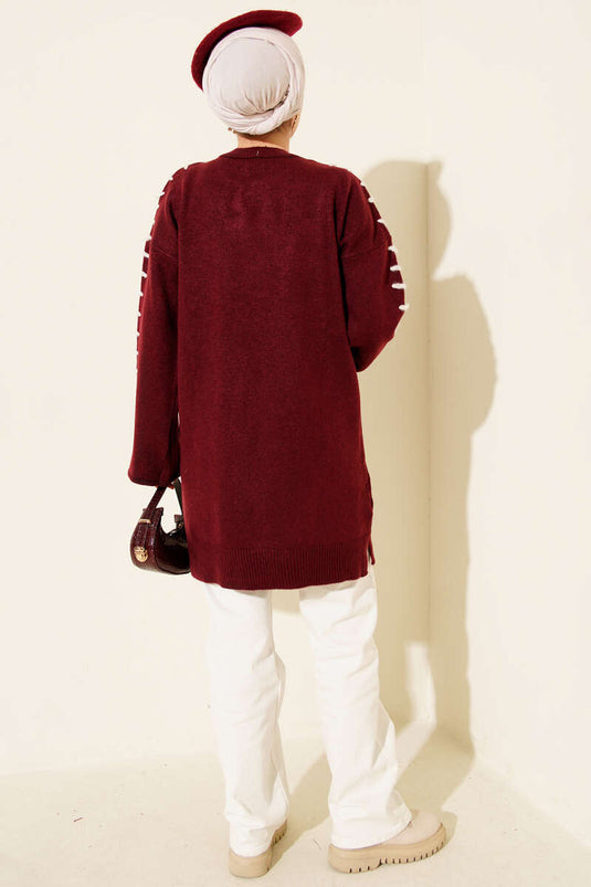 Kol Bağcık Detaylı Triko Tunik Bordo