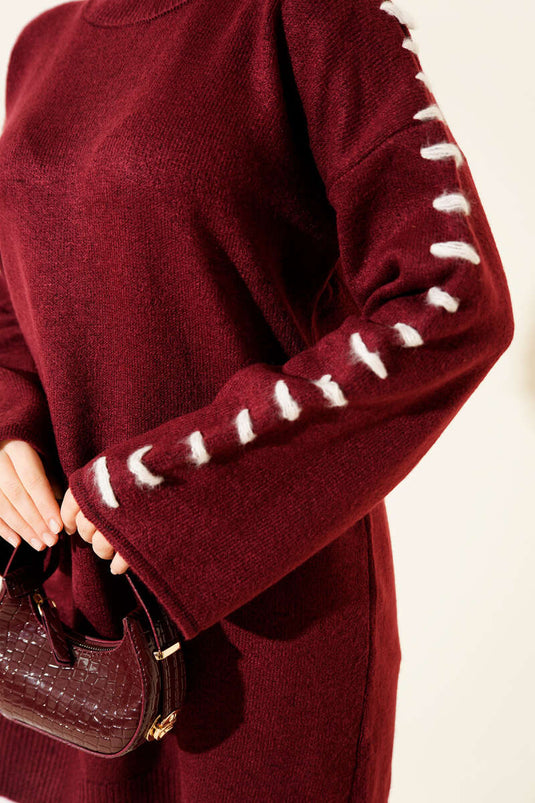 Kol Bağcık Detaylı Triko Tunik Bordo