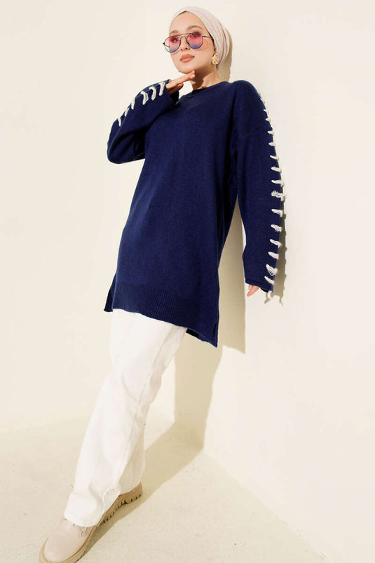 Knit Tunic with Sleeve Lace Detail, Navy Blue