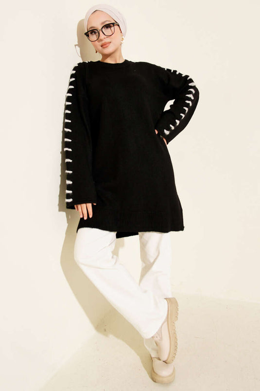 Knit Tunic with Sleeve Lace Detail, Black