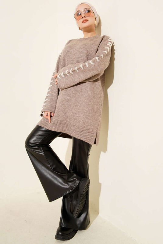 Knitted Tunic with Sleeve Lace Detail in Mink