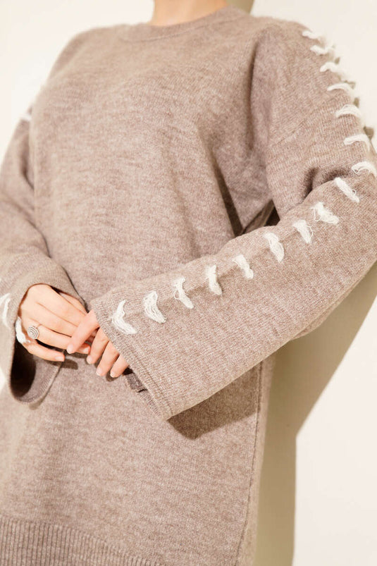 Knitted Tunic with Sleeve Lace Detail in Mink