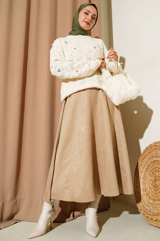 Hand-Tied Flower Embroidered Knitted Sweater Beige