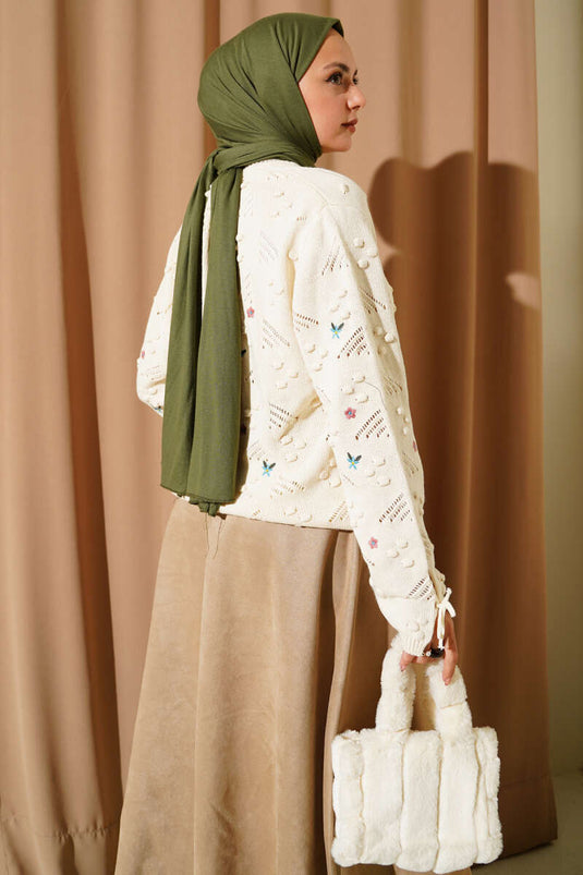 Hand-Tied Flower Embroidered Knitted Sweater Beige