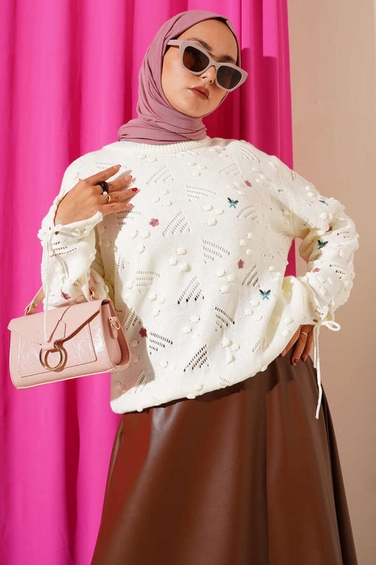 Hand-Tied Flower Embroidered Knit Sweater Ecru