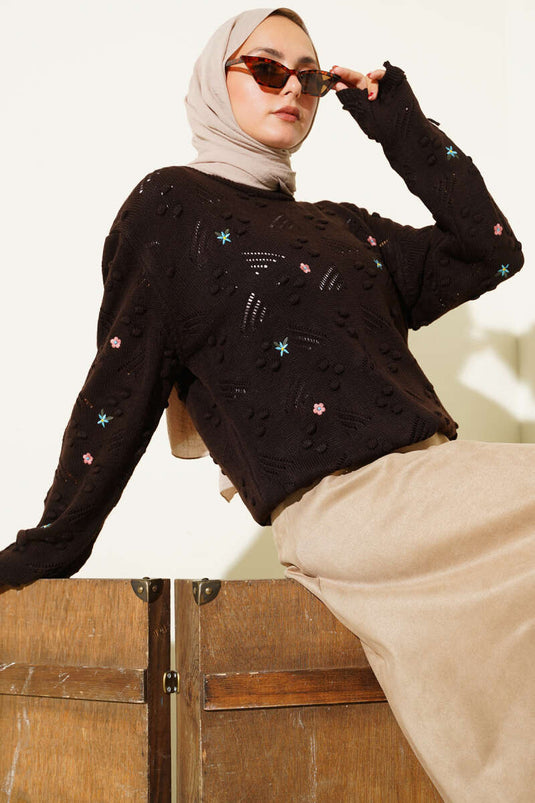 Pull en maille à broderies florales et cordon de serrage aux manches, marron café