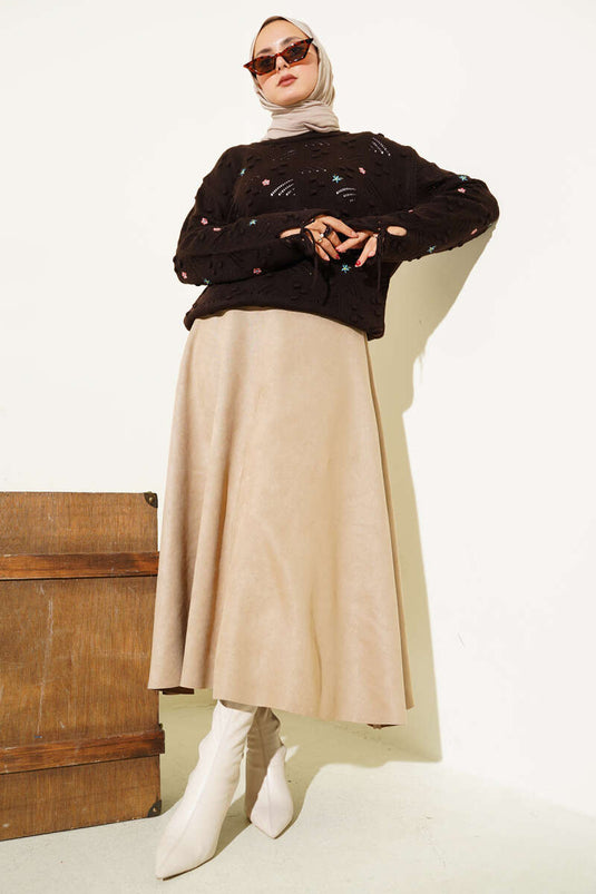 Pull en maille à broderies florales et cordon de serrage aux manches, marron café