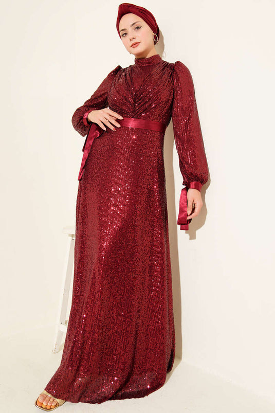 Sleeve Lace Sequin Evening Dress Burgundy