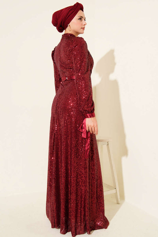 Sleeve Lace Sequin Evening Dress Burgundy