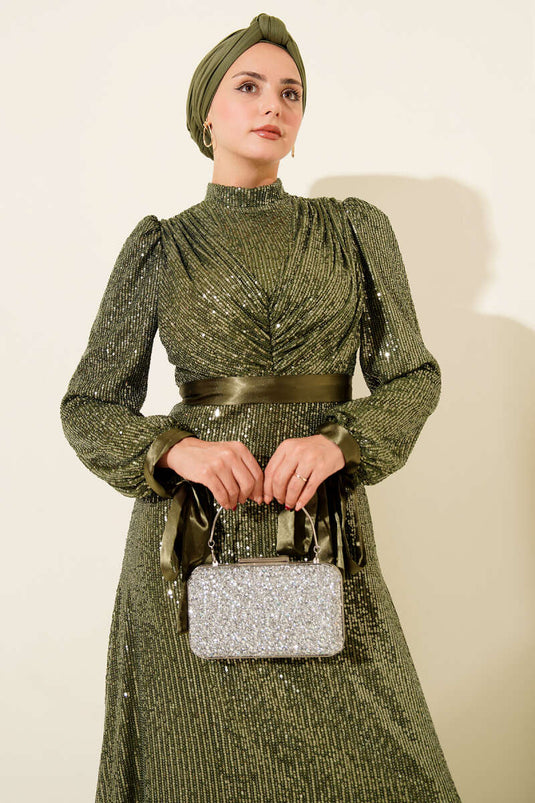 Sleeve Lace Sequin Evening Dress Khaki