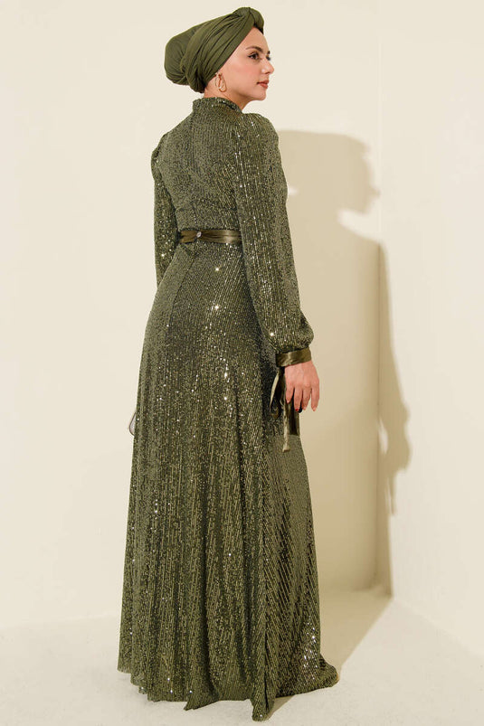 Sleeve Lace Sequin Evening Dress Khaki