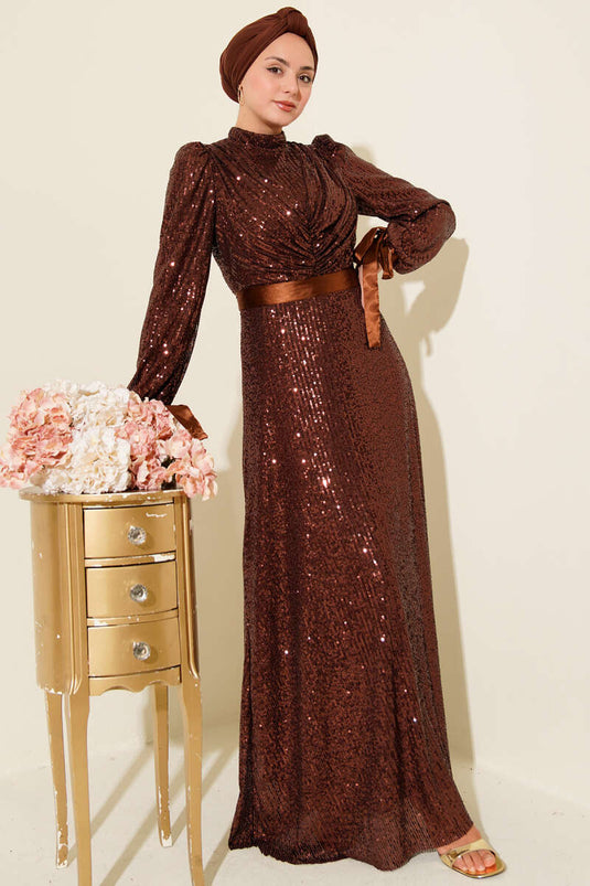 Robe de soirée marron à manches en dentelle et paillettes