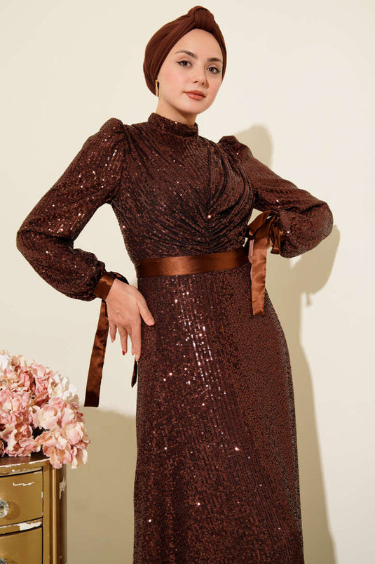 Robe de soirée marron à manches en dentelle et paillettes