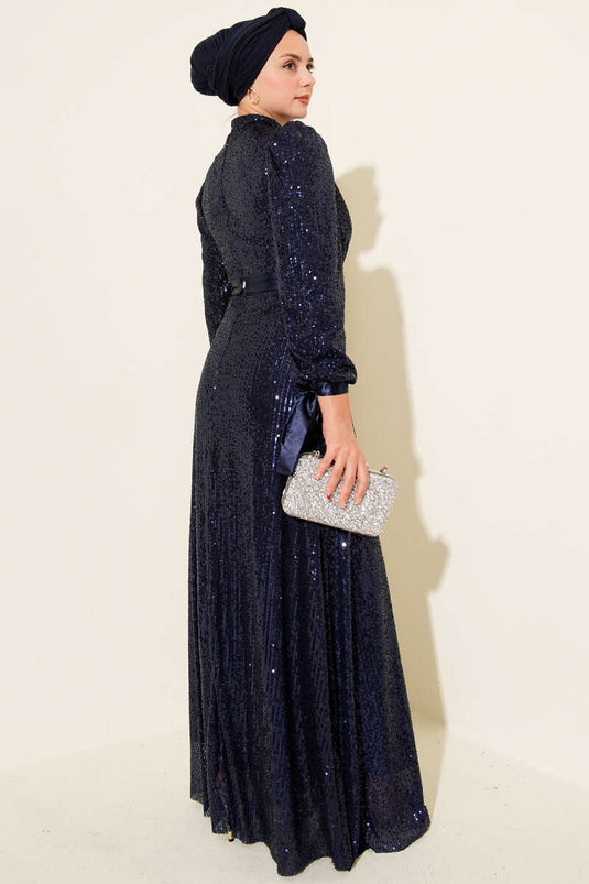 Sleeveless Sequin Evening Dress Navy Blue