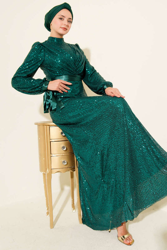 Robe de soirée sans manches à paillettes vert émeraude