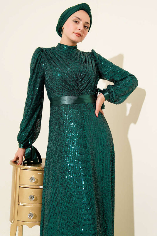 Robe de soirée sans manches à paillettes vert émeraude