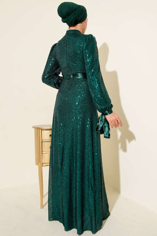 Robe de soirée sans manches à paillettes vert émeraude