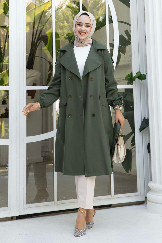 Trench-coat kaki avec ceinture amovible à cordons aux manches
