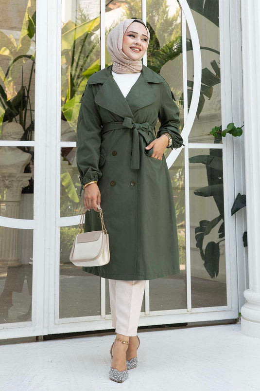 Trench-coat kaki avec ceinture amovible à cordons aux manches