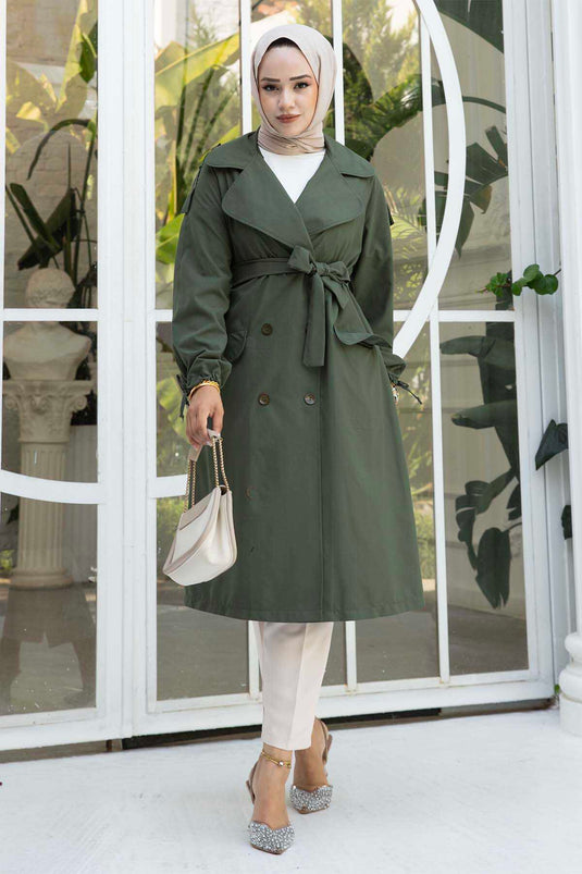 Trench-coat kaki avec ceinture amovible à cordons aux manches