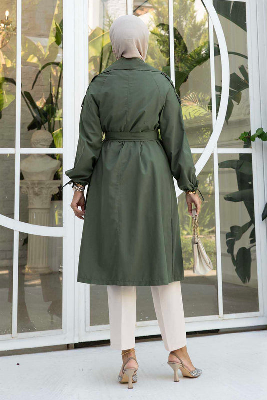 Trench-coat kaki avec ceinture amovible à cordons aux manches