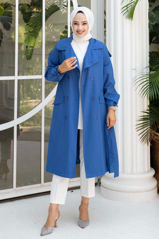 Trench avec Manche en Dentelle et Ceinture Mobile Indigo
